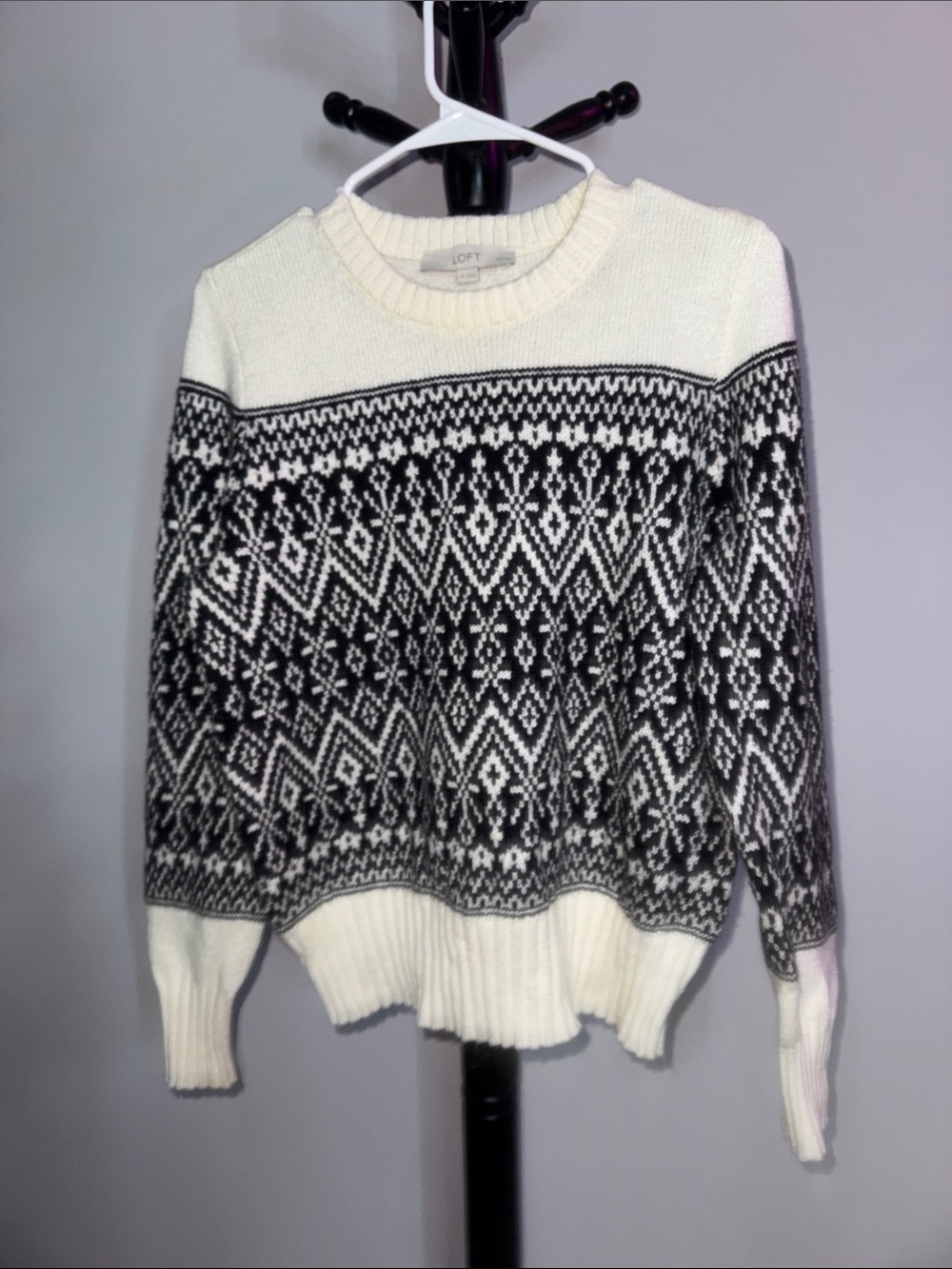 LOFT Black and Cream Nordic-Pattern Crewneck Sweater 24.T